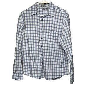 Tasso Elba Shirt Long Sleeve Button Up Blue Plaid Linen Cotton Men Medium Modern